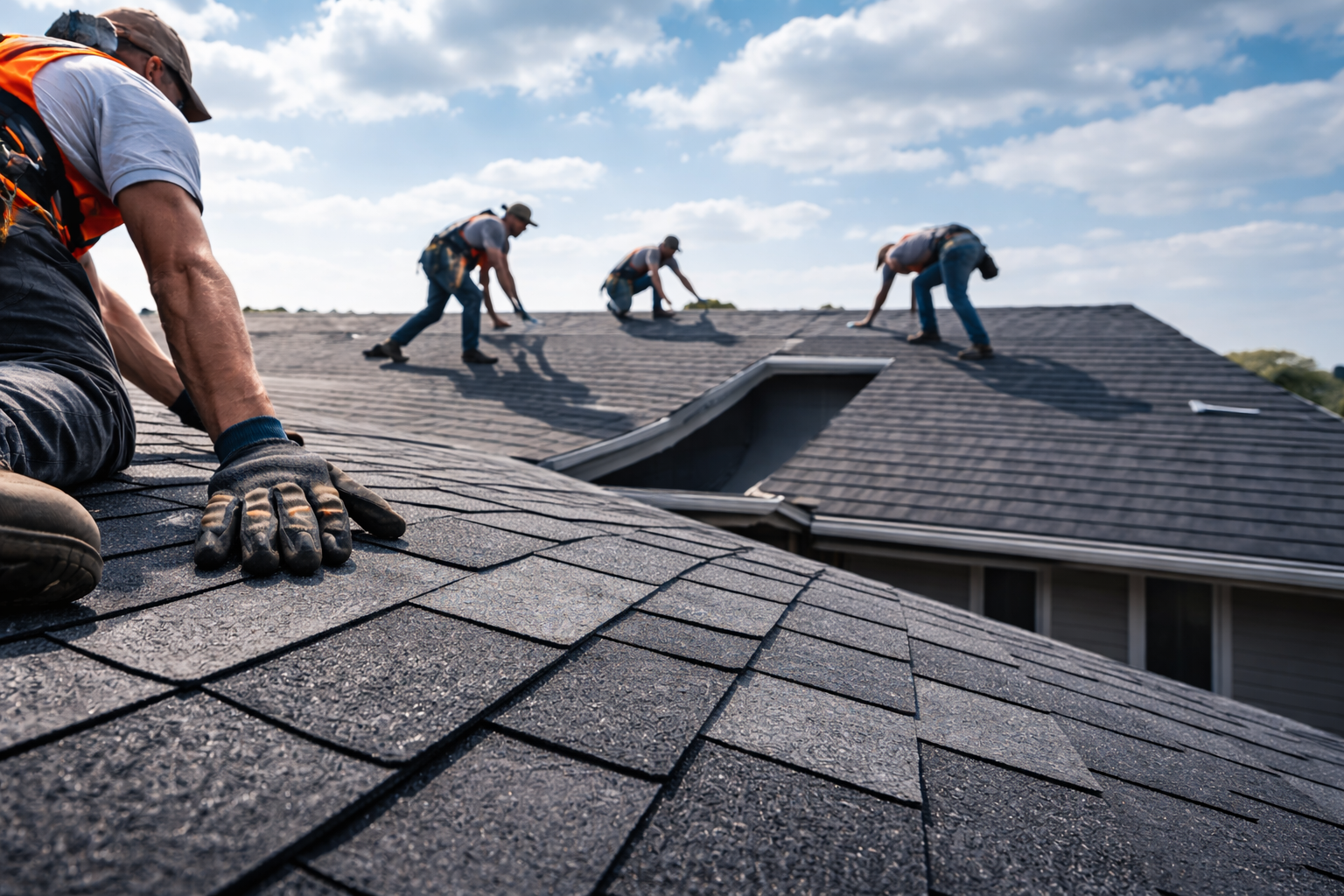 Roofing crew installing shingles on a residential roof