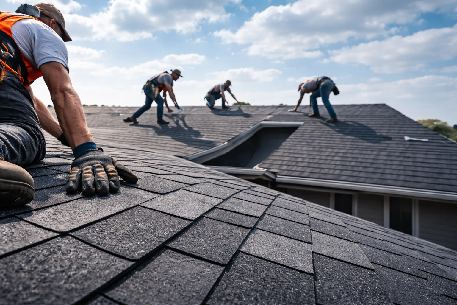 Roofing crew installing shingles on a residential roof