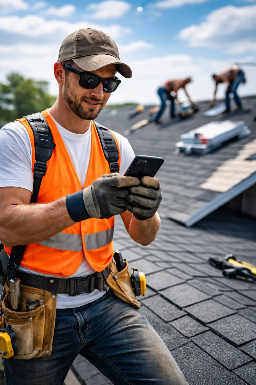 Roofer using the RoofYX mobile app on the job site