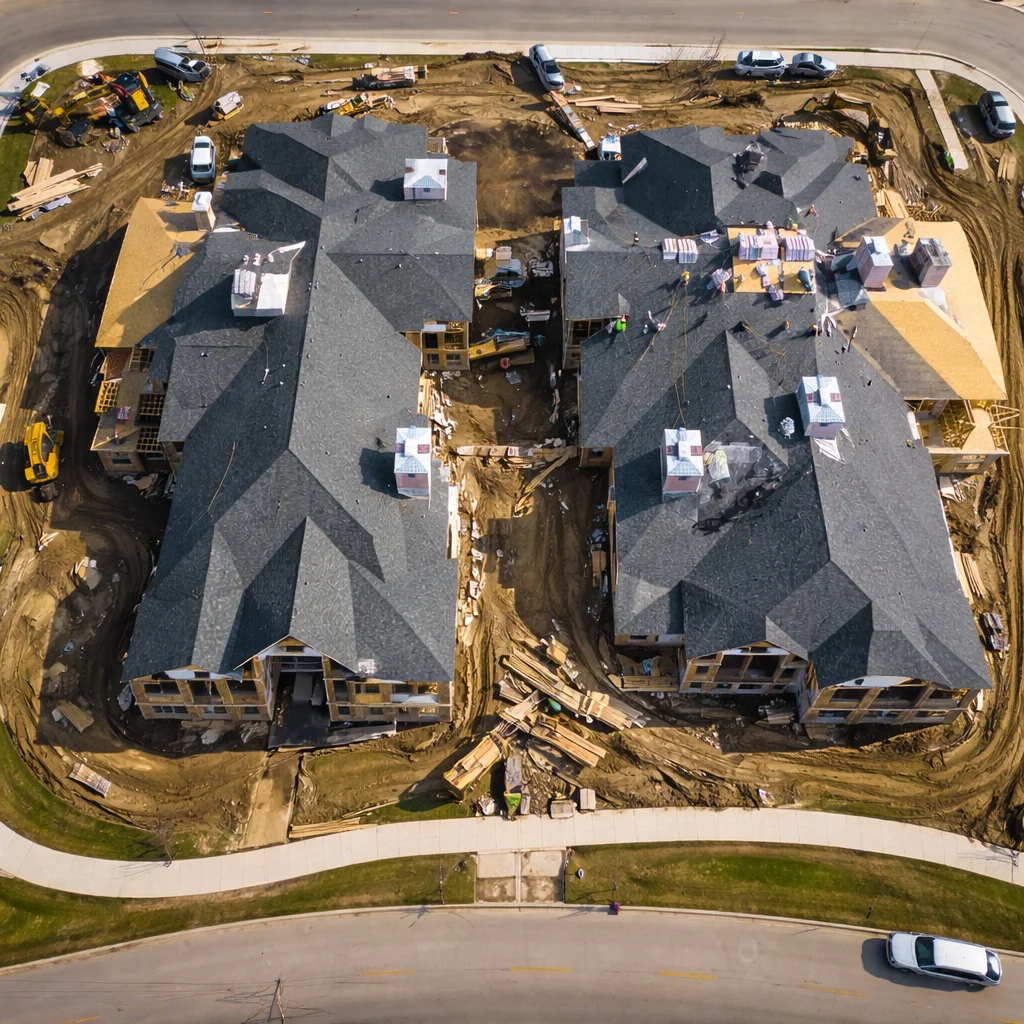 Aerial satellite view of residential rooftops used for AI measurement