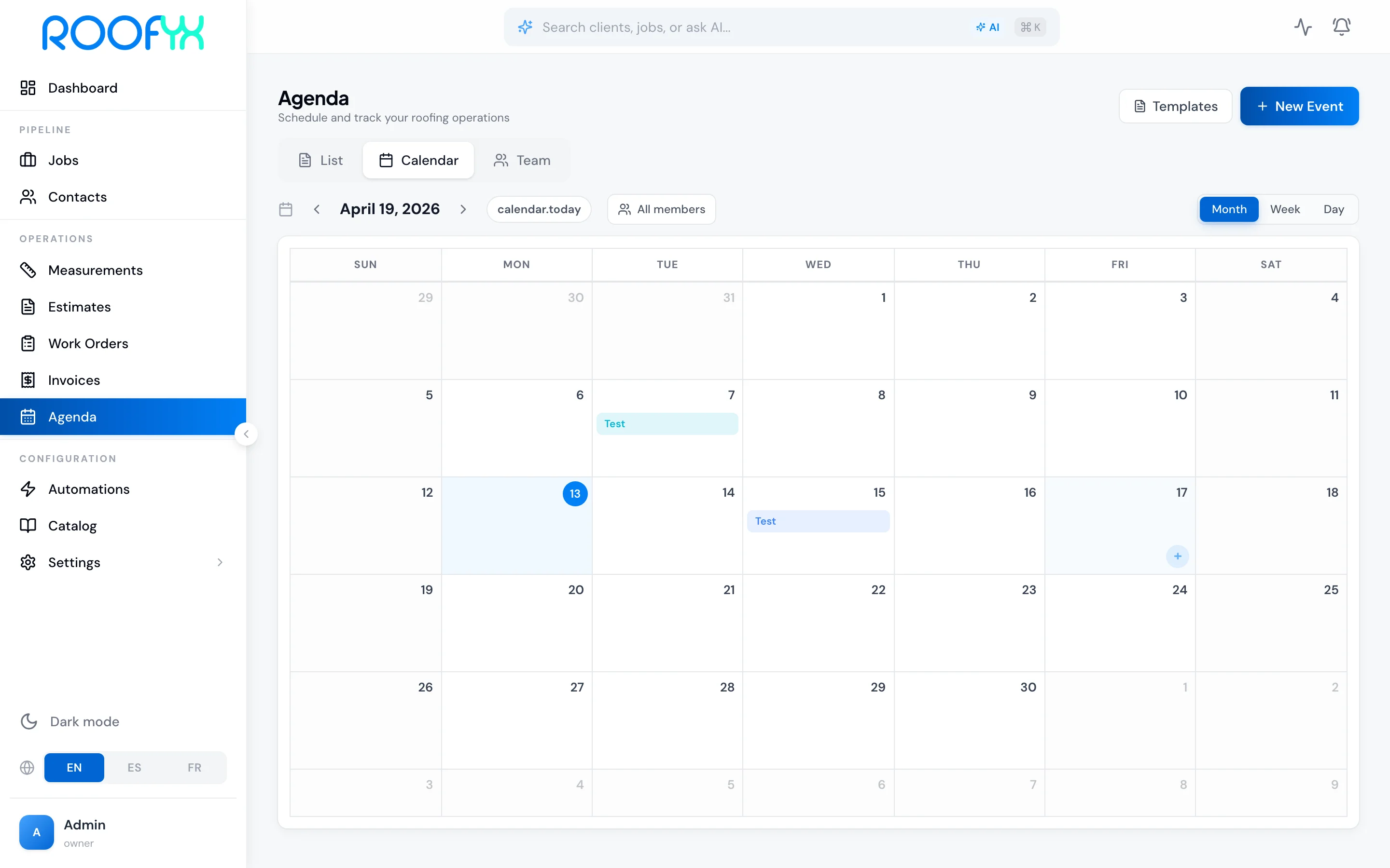 RoofYX roofing crew scheduling calendar — drag-and-drop job assignment with zero scheduling conflicts