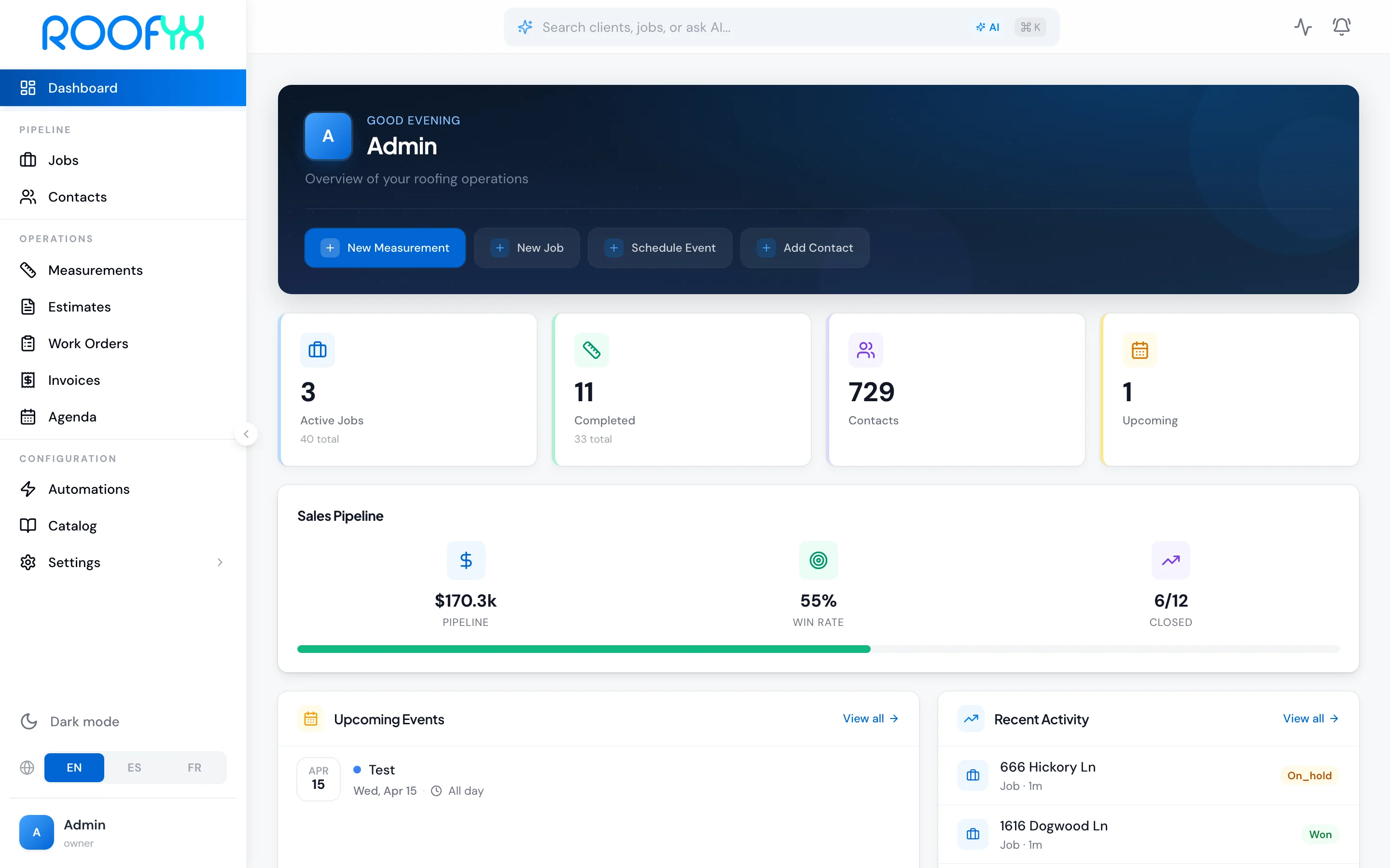 RoofYX homeowner portal — branded hub for roofing clients to sign proposals, pay invoices, and track job progress