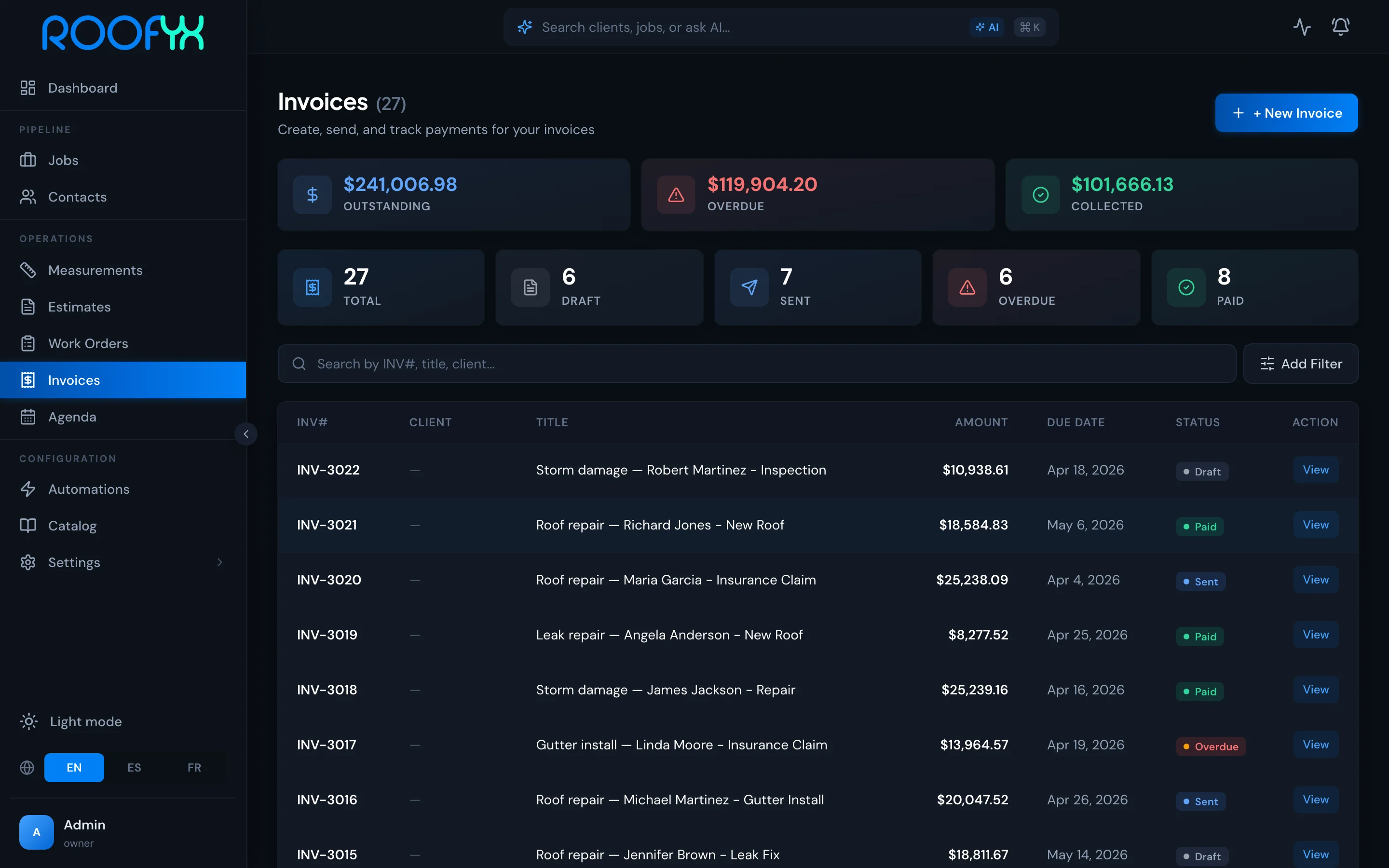 RoofYX invoices — $241K collected