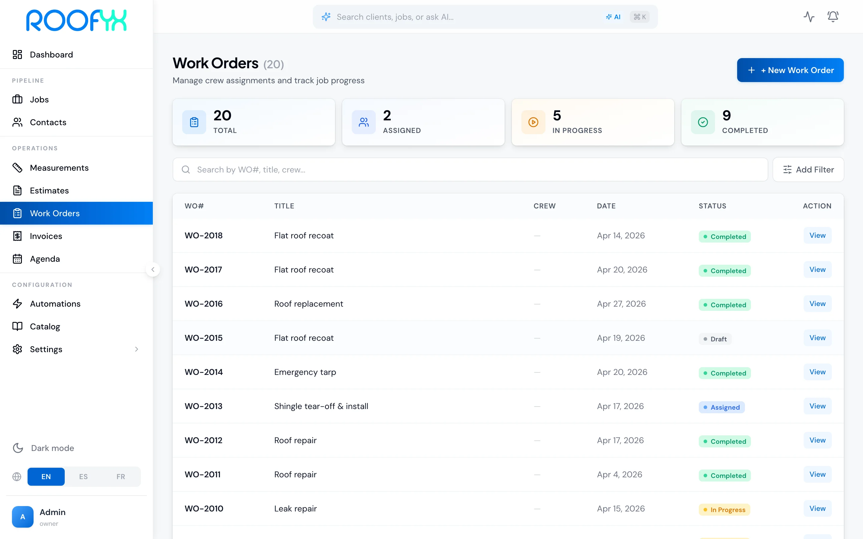 RoofYX job management — 9 completed, 20 in progress
