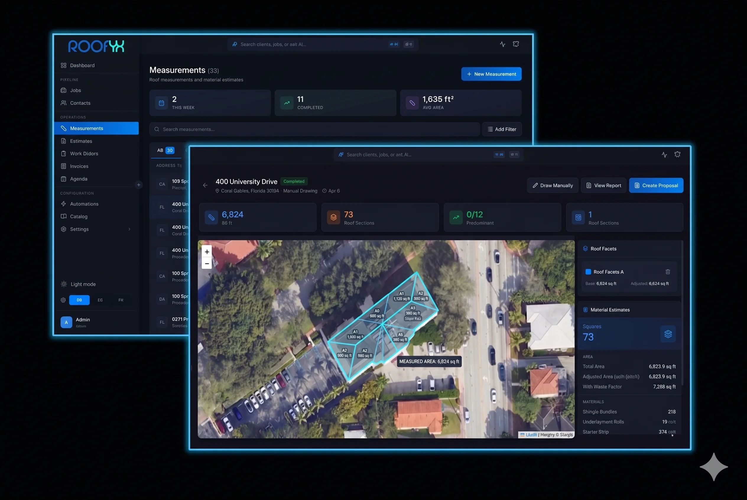 RoofYX AI satellite roof measurement dashboard showing area, pitch and facets